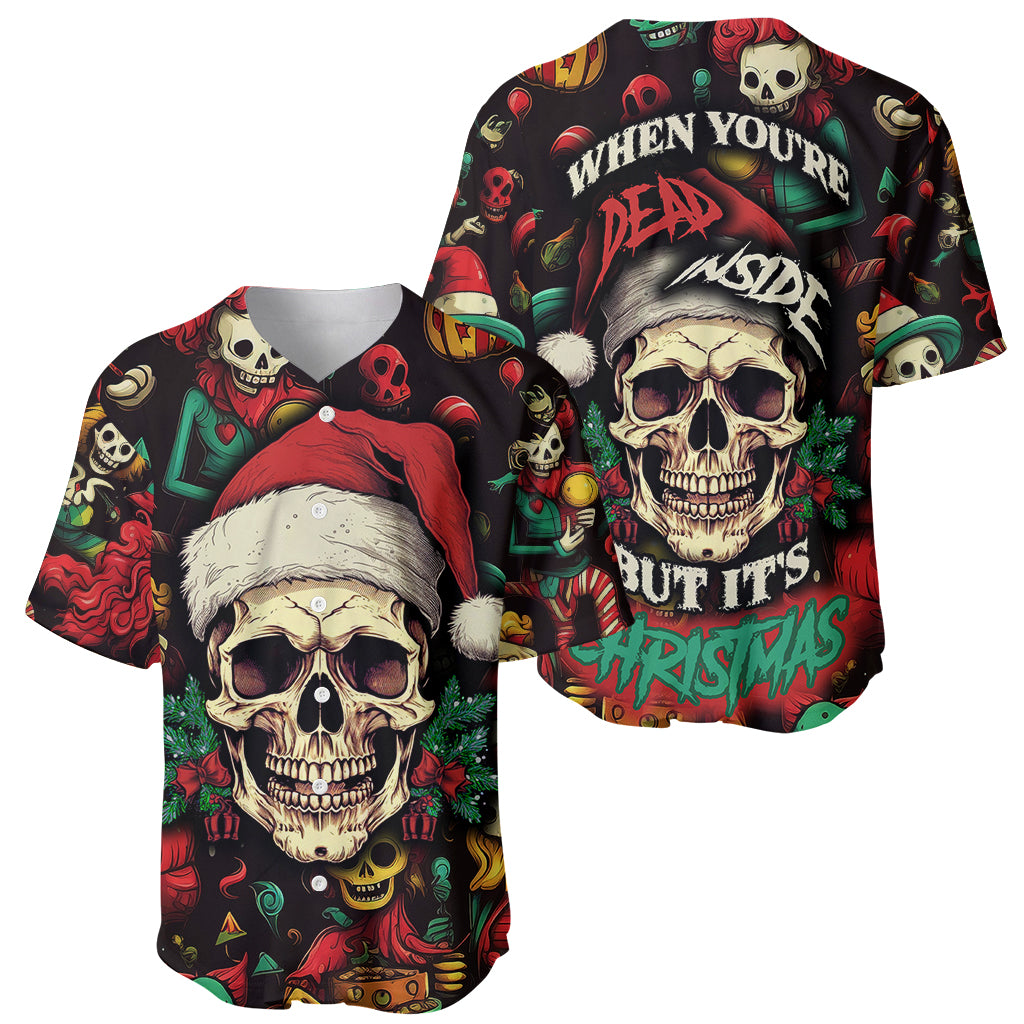 Black skull Christmas baseball jersey, two front views showing Santa-hat skull artwork.