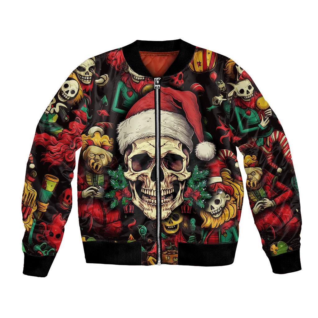 Black unisex bomber jacket with front zipper and skull Christmas graphic, ribbed hem