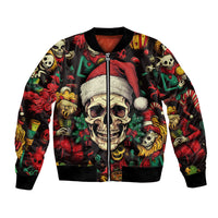 Black unisex bomber jacket with front zipper and skull Christmas graphic, ribbed hem