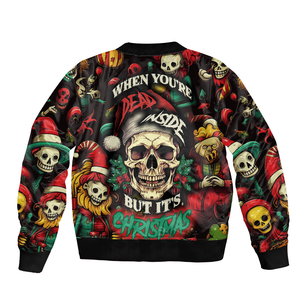 Black unisex bomber jacket with skull and Christmas character graphic, ribbed cuffs