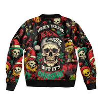 Black unisex bomber jacket with skull and Christmas character graphic, ribbed cuffs