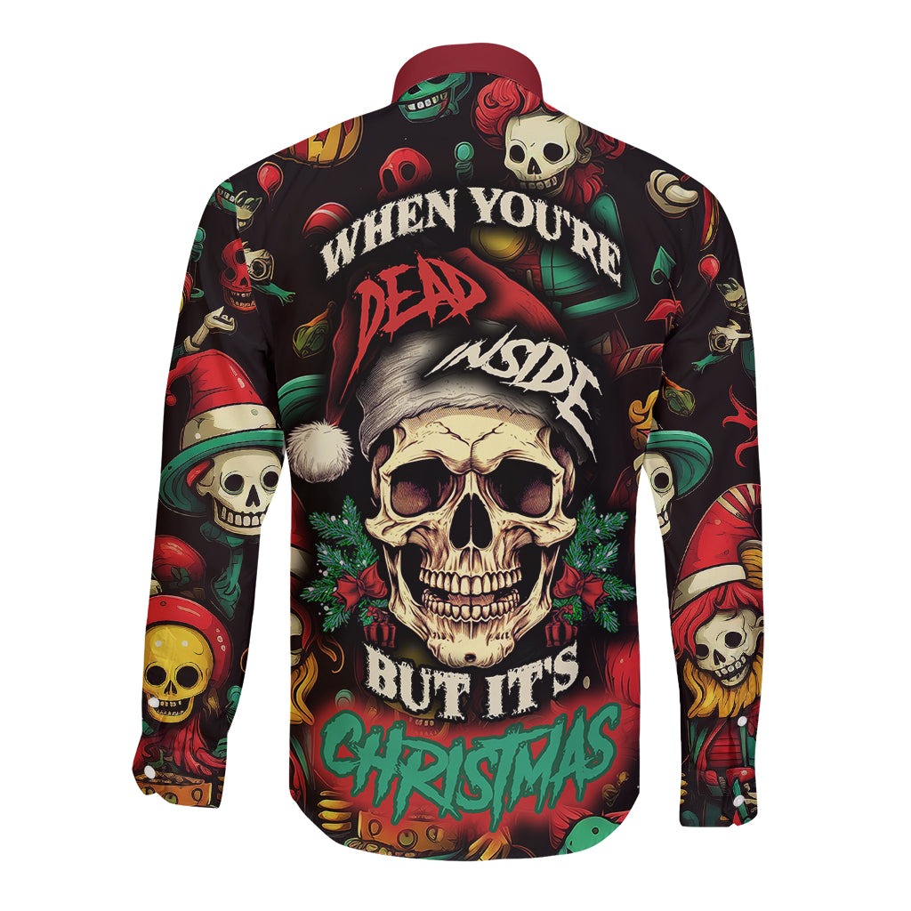 Skull Christmas Long Sleeve Button Shirt When You're Dead Inside But It's Christmas - Wonder Print Shop