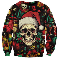 Black crewneck sweatshirt front with skull wearing Santa hat and bright Christmas illustrations