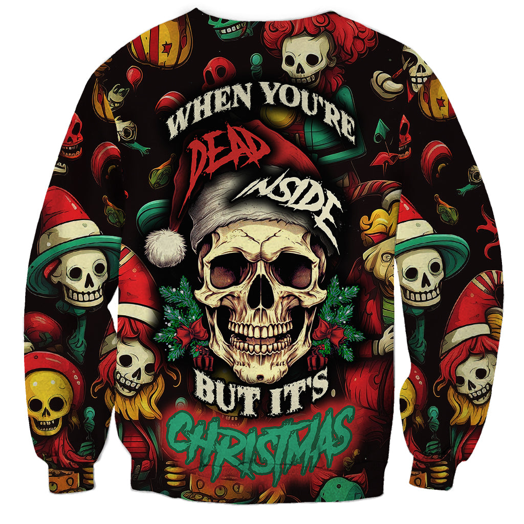 Black crewneck sweatshirt with skull in Santa hat and colorful Christmas graphic