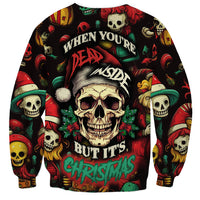 Black crewneck sweatshirt with skull in Santa hat and colorful Christmas graphic