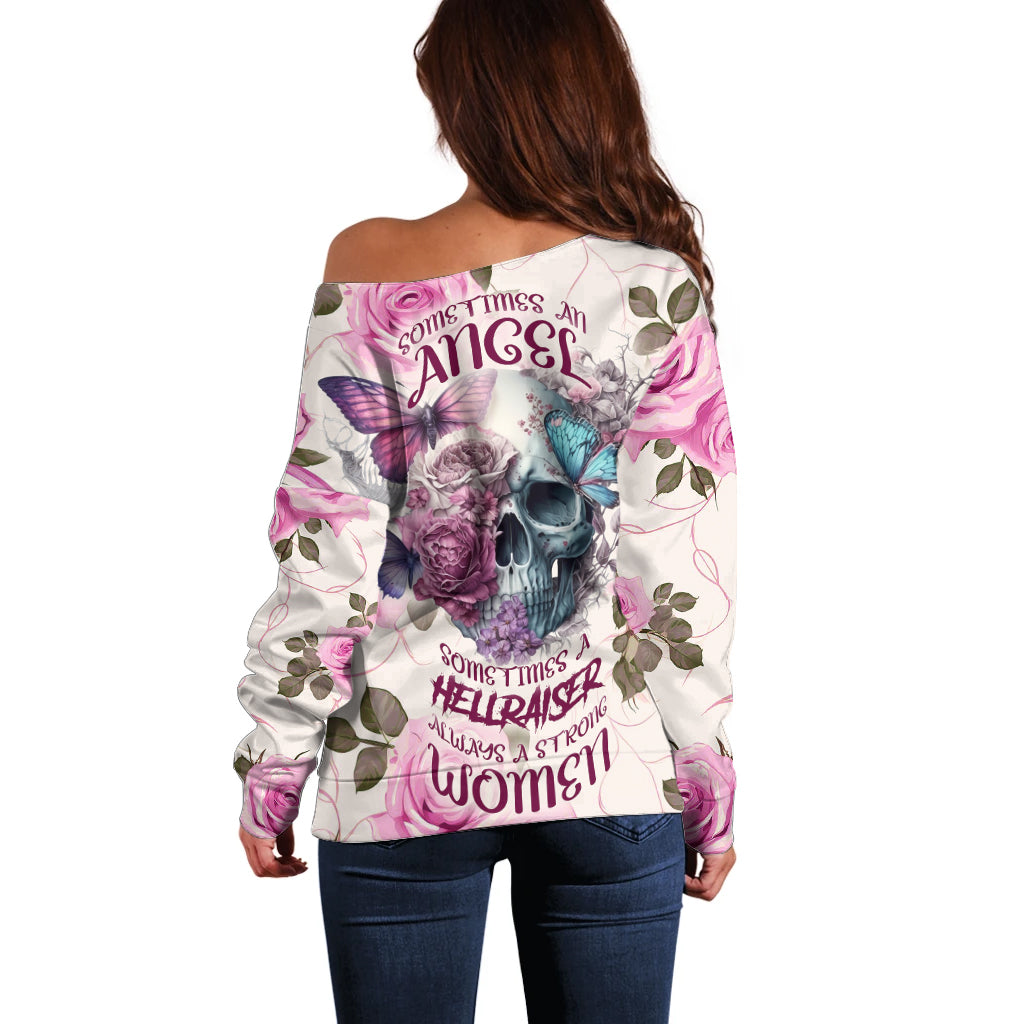 Women Skull Off Shoulder Sweater Some Time An Angel Hellraiser Always A Strong Women - Wonder Print Shop