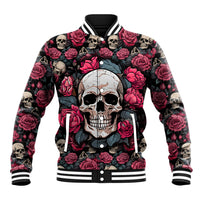 Unisex baseball jacket, black with red roses, front skull print, striped collar and cuffs