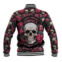 Unisex baseball jacket, black with red roses and skull graphic on back, striped rib trim
