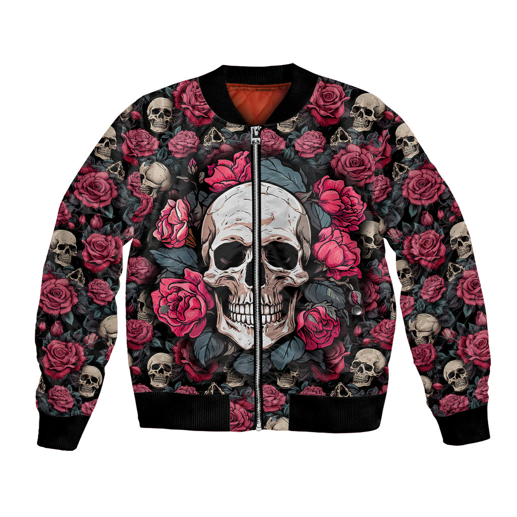 Unisex red skull and rose bomber jacket with front zipper, large skull face graphic