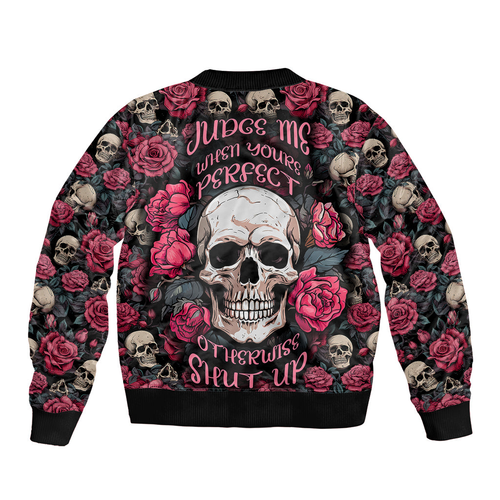 Unisex red skull-rose bomber jacket with large front graphic, ribbed cuffs and hem