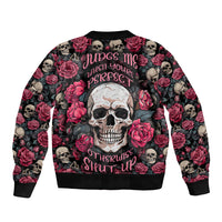 Unisex red skull-rose bomber jacket with large front graphic, ribbed cuffs and hem