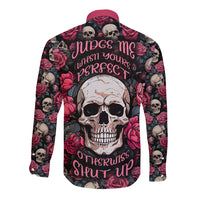 Red skull-and-rose long-sleeve button-up shirt, back graphic and text