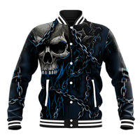 Blue varsity baseball jacket with front skull, chain print, snap button placket
