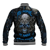 Blue varsity baseball jacket with skull and chains graphic, striped collar and cuffs