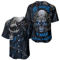 Pair of blue skull baseball jerseys with chain and skull graphics, short-sleeve button front