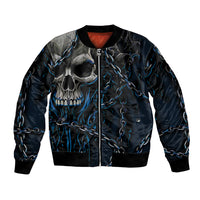 Unisex dark bomber jacket with front zipper, blue skull and chain graphic, ribbed hem