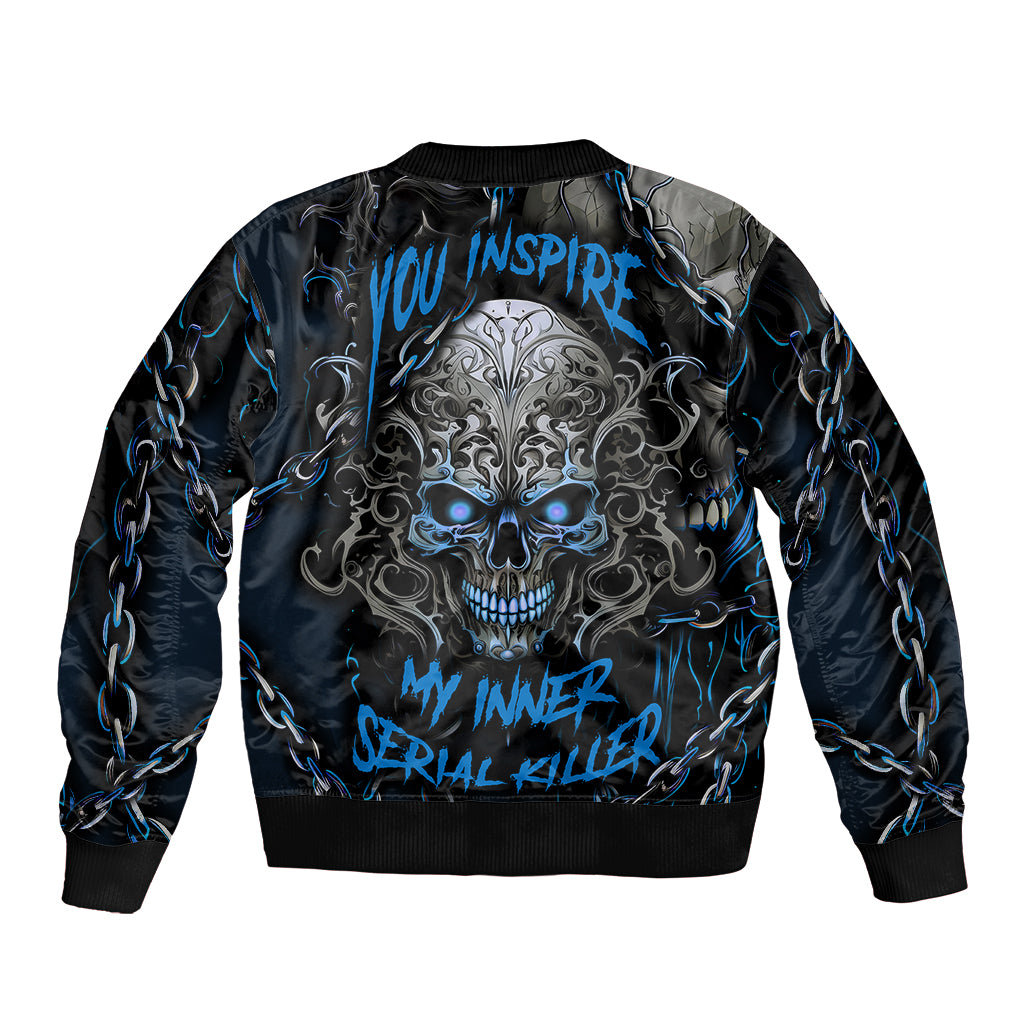 Unisex black bomber jacket with blue skull and chain flames graphic, ribbed cuffs