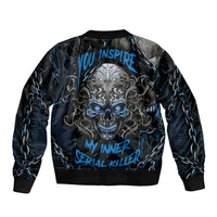 Unisex black bomber jacket with blue skull and chain flames graphic, ribbed cuffs