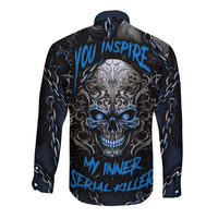 Blue long-sleeve button shirt with skull and blue chain graphic