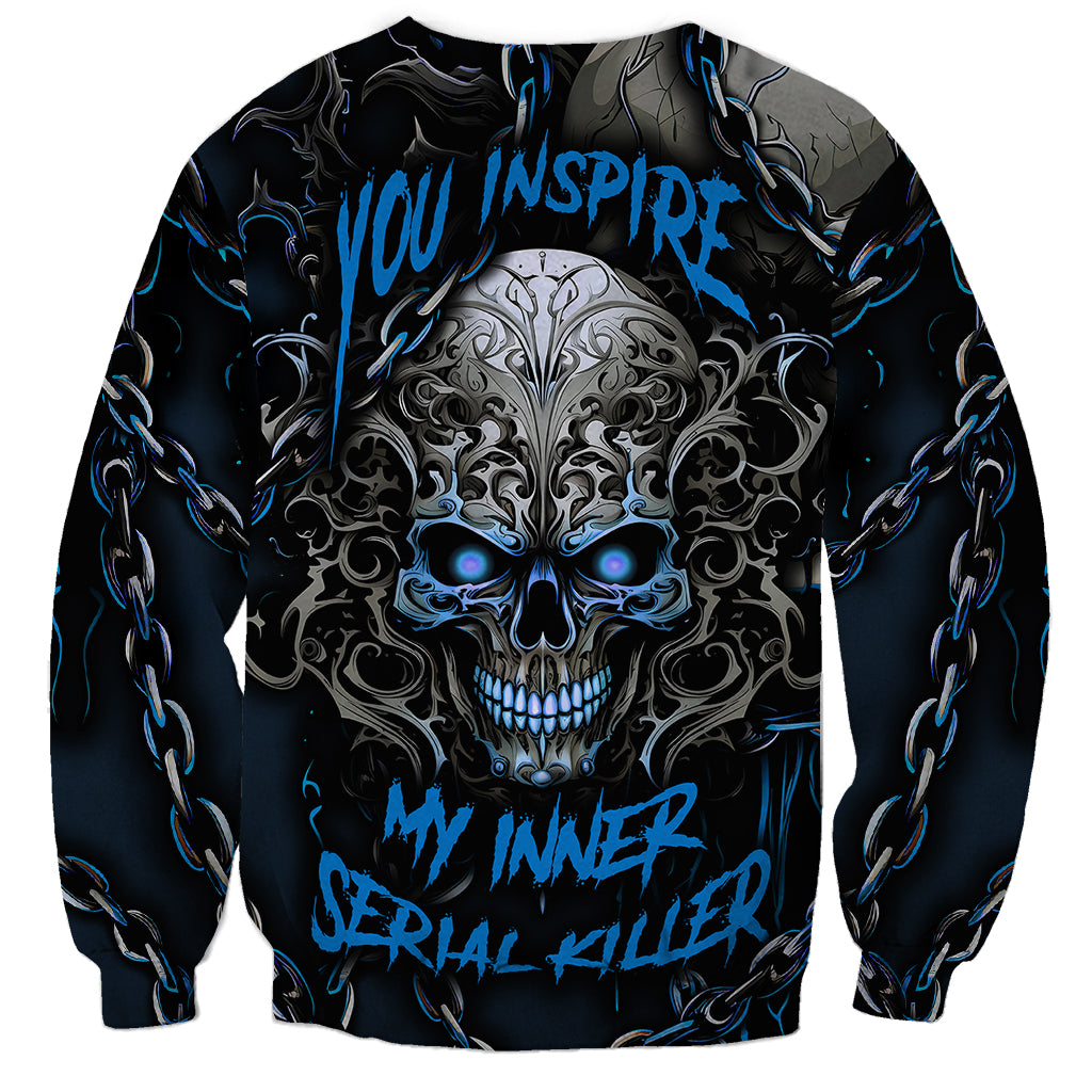 Unisex blue skull sweatshirt with large front skull graphic and chain designs