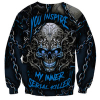 Unisex blue skull sweatshirt with large front skull graphic and chain designs