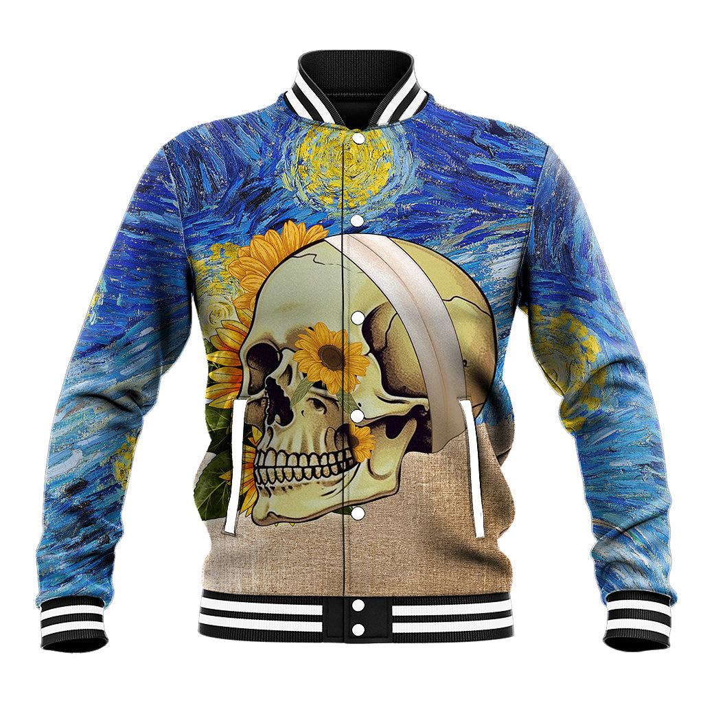 Multicolor skull baseball jacket with flower details, ribbed striped hem and snap front