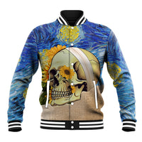 Multicolor skull baseball jacket with flower details, ribbed striped hem and snap front
