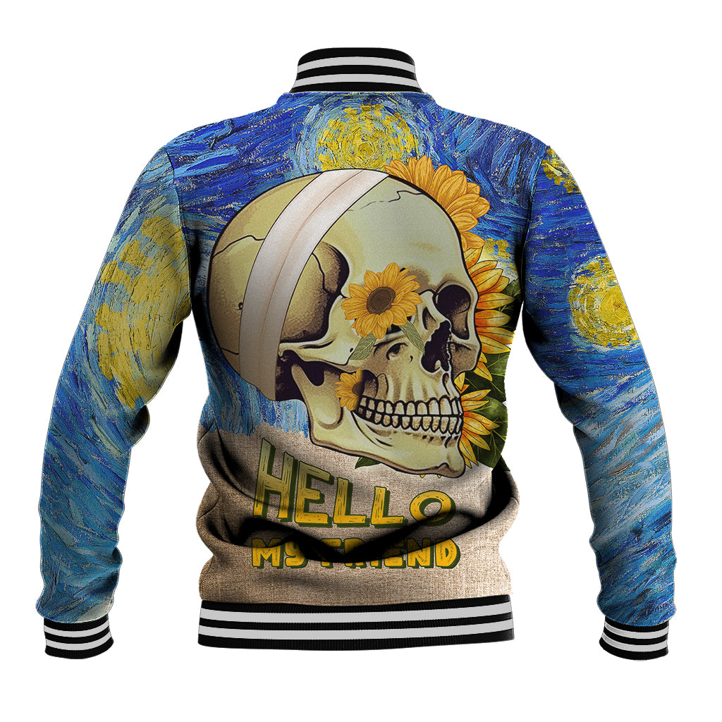 Multicolor skull baseball jacket with flower crown, ribbed collar and cuffs, back graphic