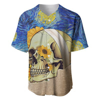Blue and tan baseball jersey with skull portrait graphic, short sleeves, button front