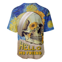 Multicolor baseball jersey with skull graphic and Hello My Friend text