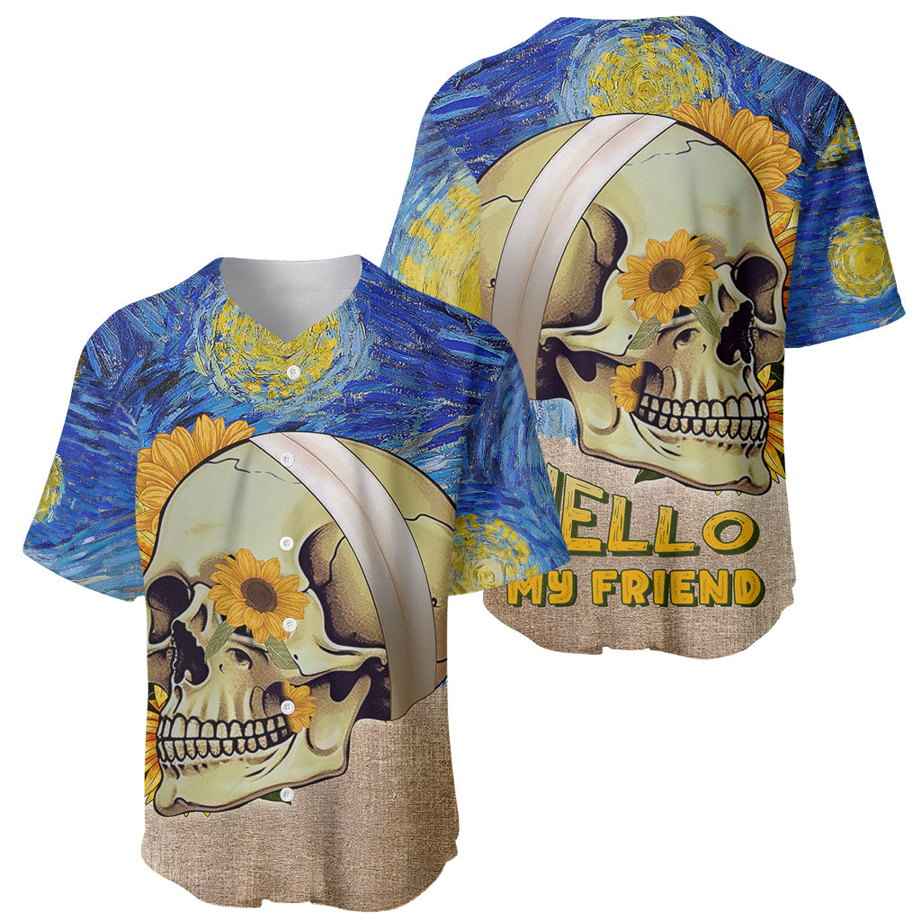 Pair of baseball jerseys with skull and sunflower graphic plus 'Hello My Friend' text