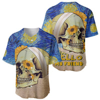 Pair of baseball jerseys with skull and sunflower graphic plus 'Hello My Friend' text