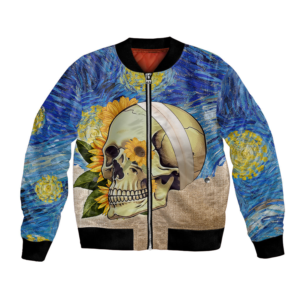Unisex skull bomber jacket with front zipper and sunflowers, ribbed cuffs and hem
