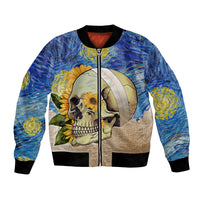 Unisex skull bomber jacket with front zipper and sunflowers, ribbed cuffs and hem