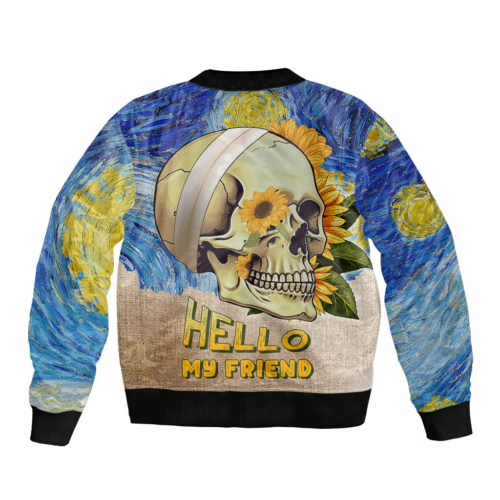 Unisex skull bomber jacket with 'Hello My Friend' graphic, ribbed collar and cuffs
