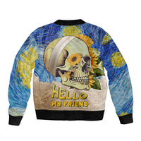 Unisex skull bomber jacket with 'Hello My Friend' graphic, ribbed collar and cuffs