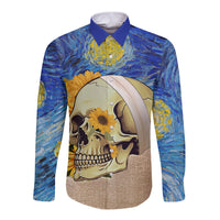 Long sleeve button shirt with blue yellow brush skull and sunflower art, no text visible