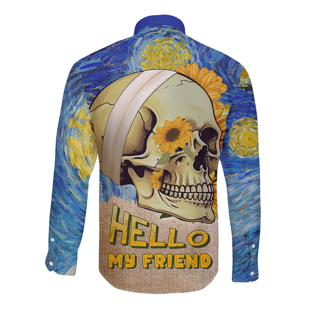 Long sleeve button shirt with blue yellow brush skull graphic and “HELLO MY FRIEND” text