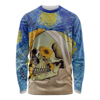 Long-sleeve skull graphic T-shirt with blue/yellow art, sunflower skull face (front)