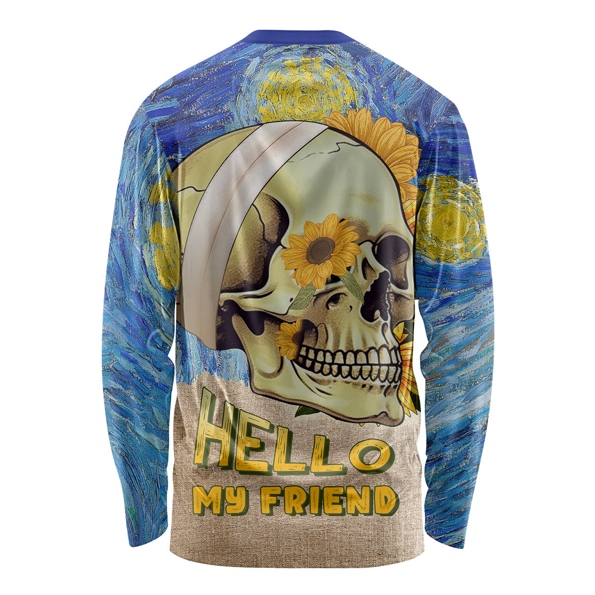 Long-sleeve skull graphic T-shirt with blue/yellow art, 'HELLO MY FRIEND' (back)