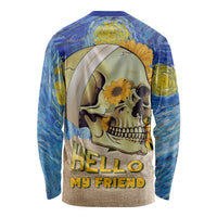Long-sleeve skull graphic T-shirt with blue/yellow art, 'HELLO MY FRIEND' (back)