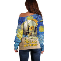 Multicolor off-shoulder sweater with skull and sunflowers, 'HELLO MY FRIEND' print