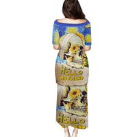 Skull graphic long T-shirt dress, off-shoulder, blue/yellow 'HELLO MY FRIEND'