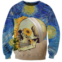 Unisex skull sweatshirt with side-profile skull and sunflowers, no text visible