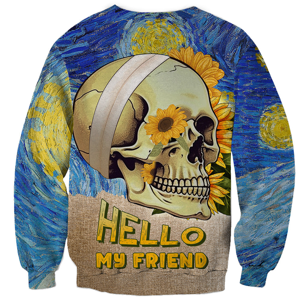 Unisex skull sweatshirt with sunflower art and “Hello my friend” text