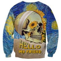 Unisex skull sweatshirt with sunflower art and “Hello my friend” text