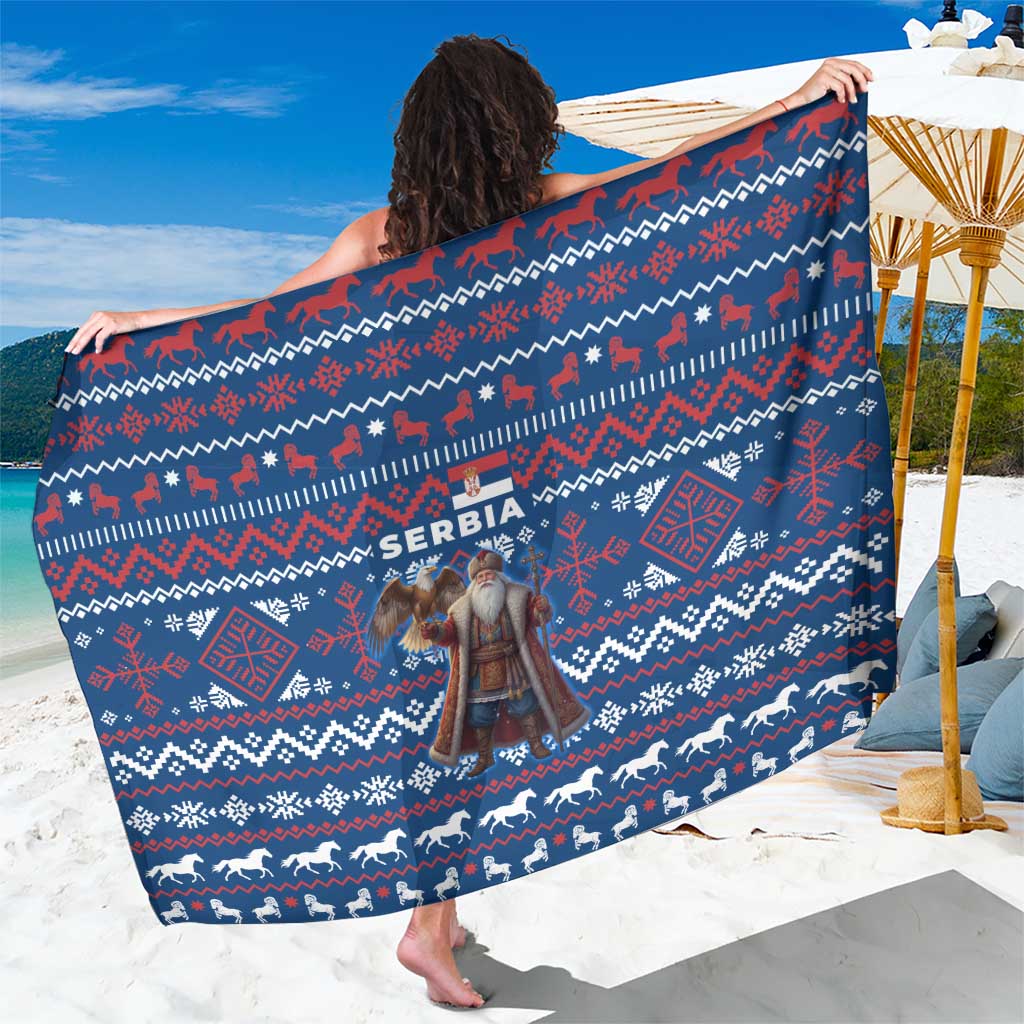 Serbia Christmas Sarong with Traditional Santa Eagle Serbian Coat of Arms and Blue Red White Folk Pattern Design - Wonder Print Shop