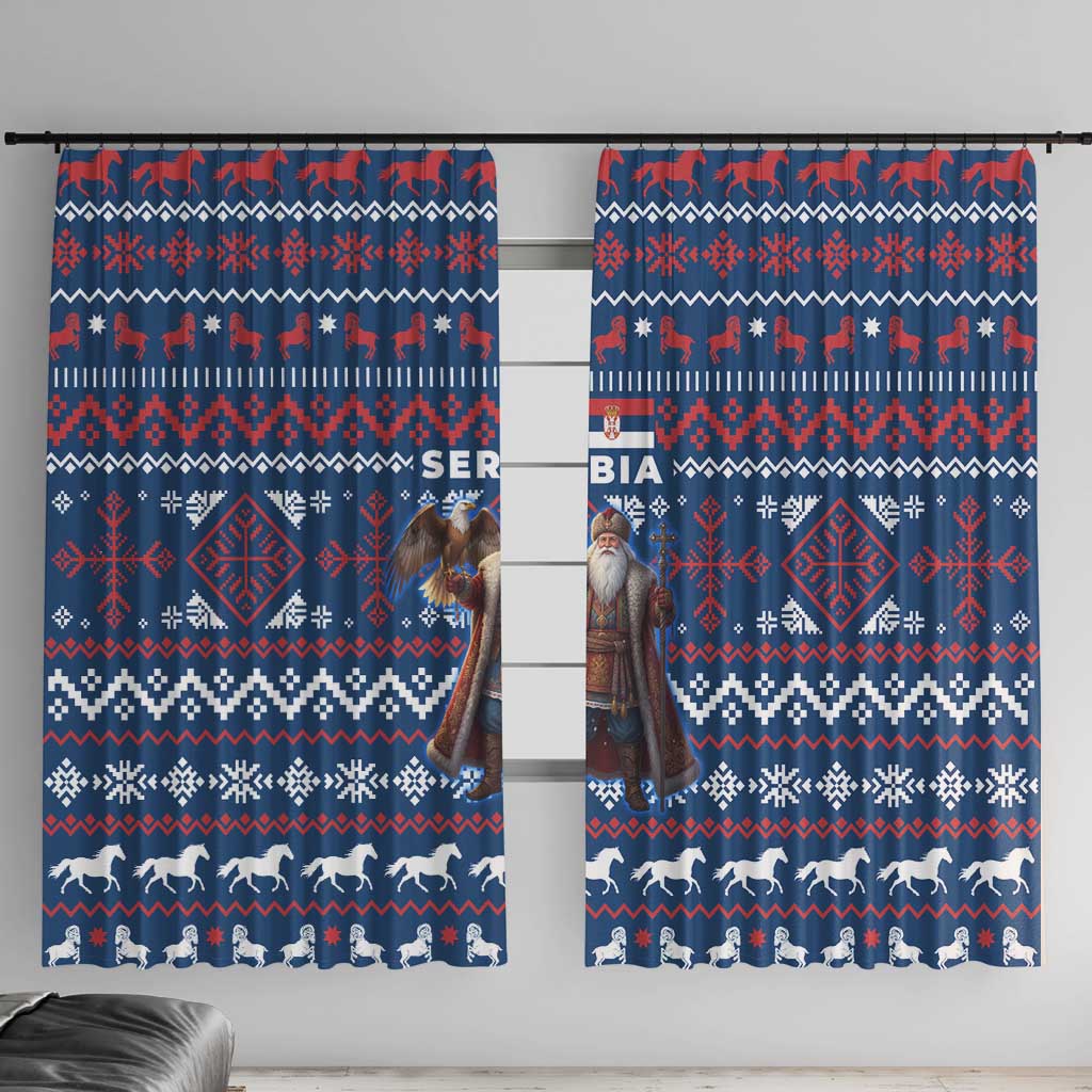 Serbia Christmas Window Curtain with Traditional Santa Eagle Serbian Coat of Arms and Blue Red White Folk Pattern Design - Wonder Print Shop
