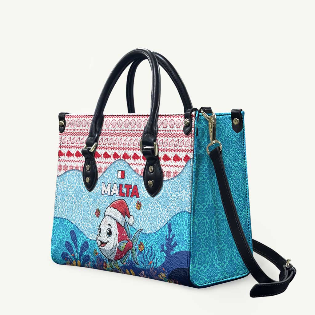 Malta Christmas Leather Bag with Santa Fish Malta Flag Coral Reef and Red Blue Festive Pattern Design - Wonder Print Shop