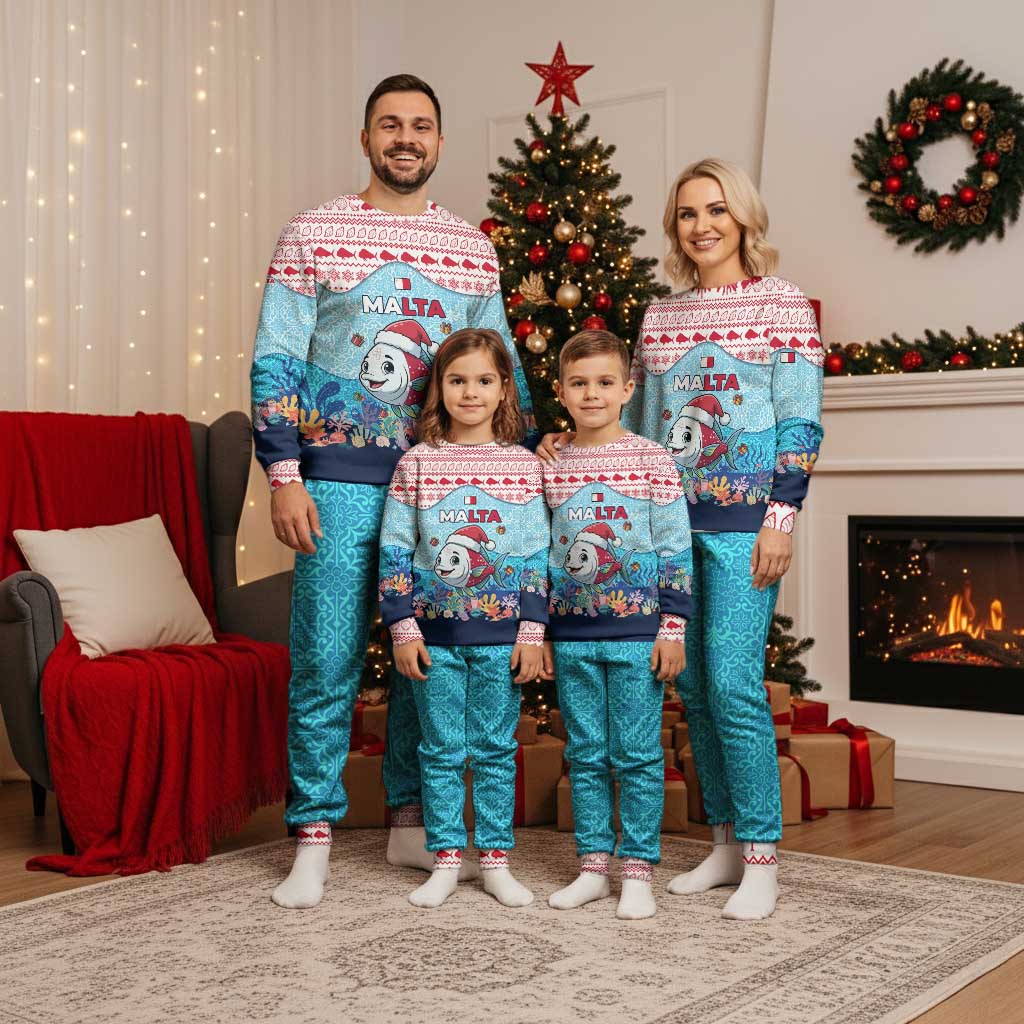 Malta Christmas Pajama Set with Santa Fish Malta Flag Coral Reef and Red Blue Festive Pattern Design - Wonder Print Shop